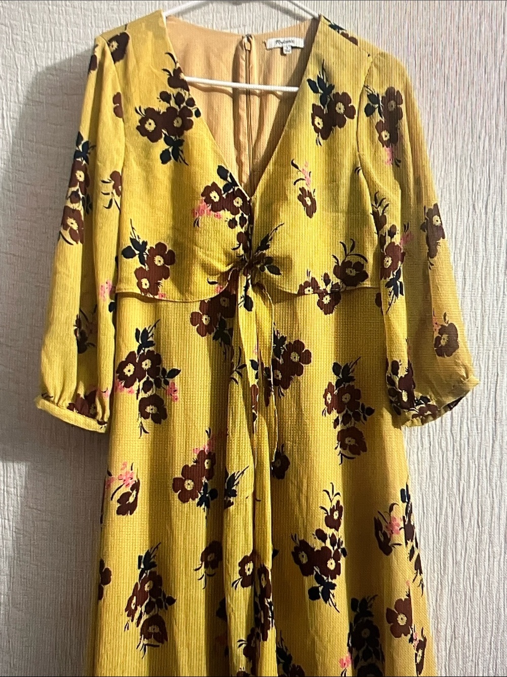 Madewell Yellow Floral Tie-Front Long Sleeve Midi Dress with Brown Flowers